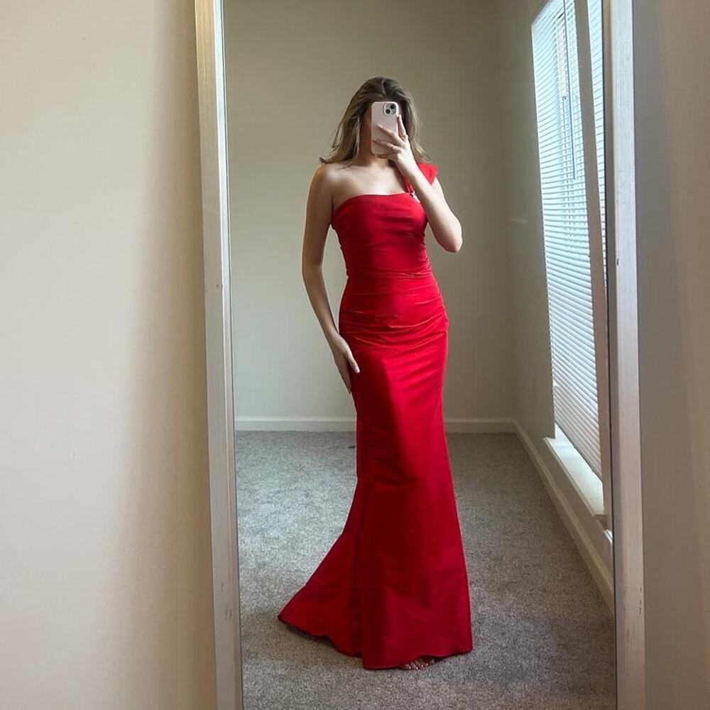 Vintage red strapless one sleeve maxi formal gown with ruched bodice and train